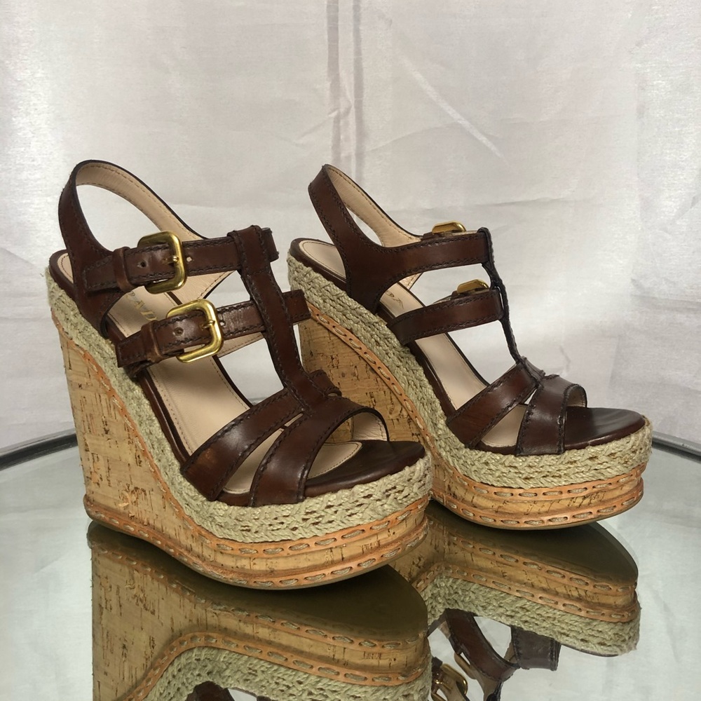 PRADA Brown Espadrille & Cork Wedges, Sz 6